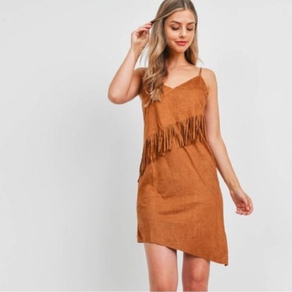 Faux Suede Fringe Dress‎ Sleeveless Western Style Brown - Picture 1 of 10